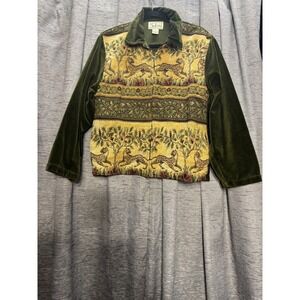 TanTrums Tapestry Jacket Cheetah Print Olive Green Velvet Trim Zip Up Coat Small